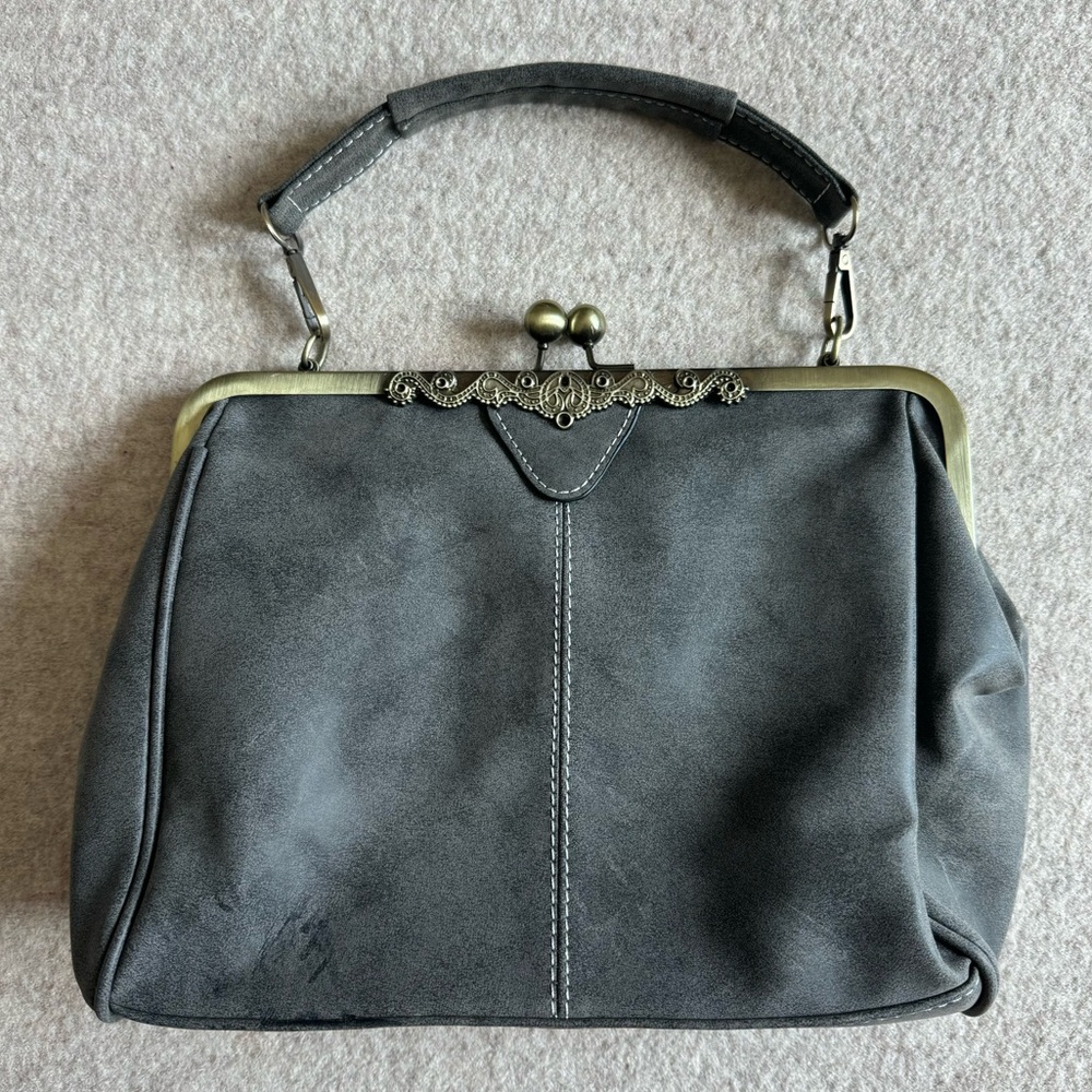 Suede grey purse with gold hardware